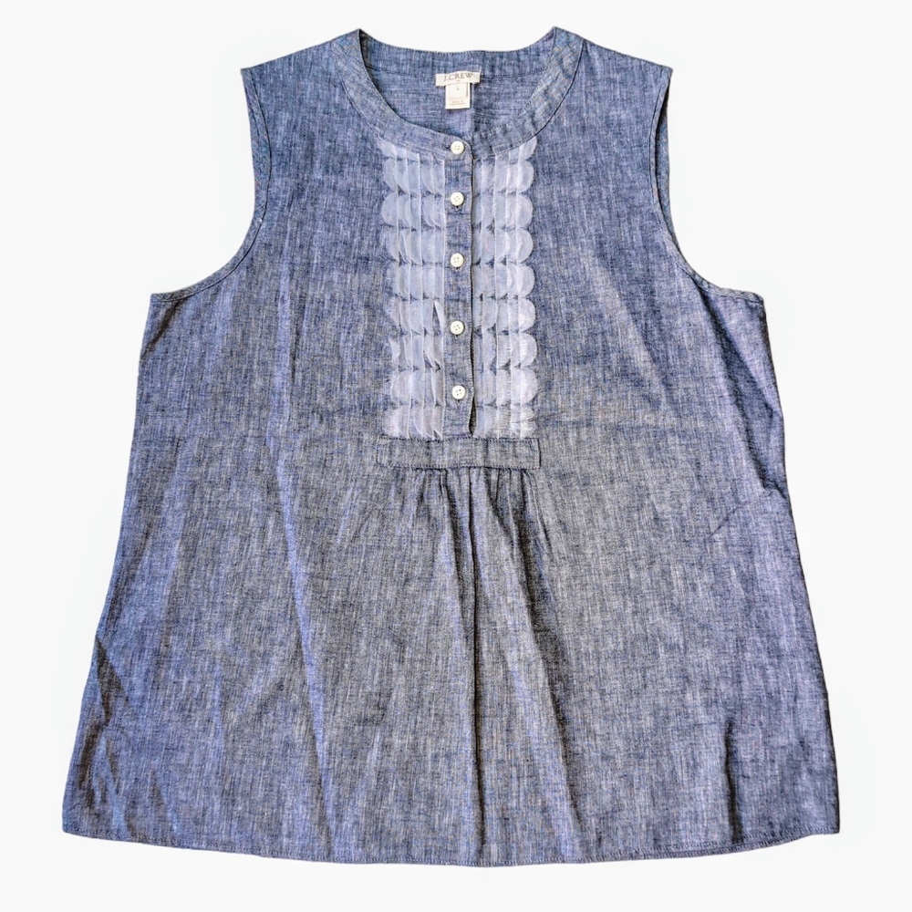 J.Crew Chambray Blue Sleeveless Ruffle Front Blouse Top Women's Size 8